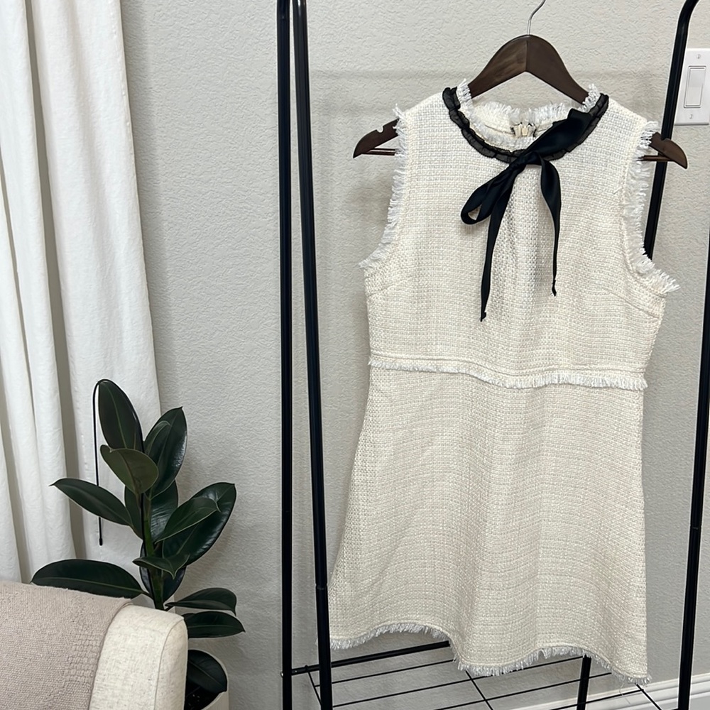 White tweed fringe dress black bow